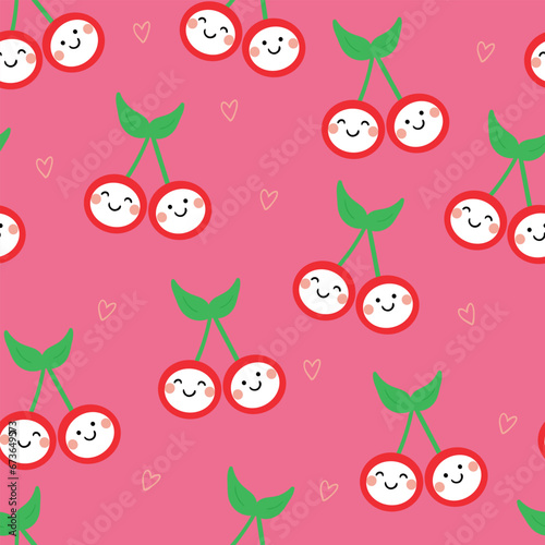 Seamless pattern with cute cartoon kawai cherries, fabric prints, textiles, gift wrapping paper. colorful vector for children, flat style