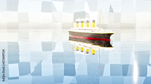 Steamboat ocean liner art of the ship with smoking chimneys 3D render image in HDR sea level view