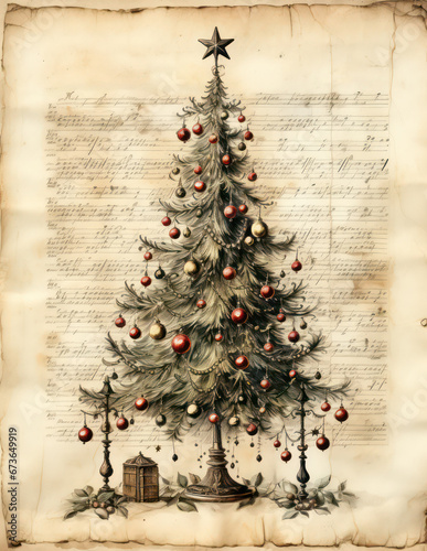 Vintage style christmas tree with balls decor background, ai design