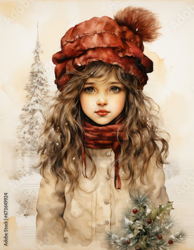 Beautiful vintage style junk journal page with christmas girl background, ai design