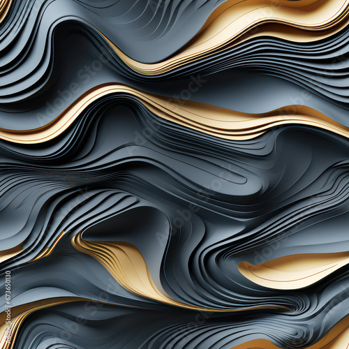 Seamless abstract black and gold waves decoration, ai background