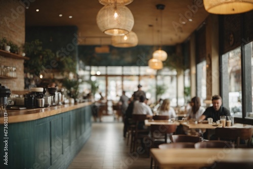 Blur coffee shop or cafe restaurant, Blurred restaurant background with some people and chefs and waiters working. Generative Ai.