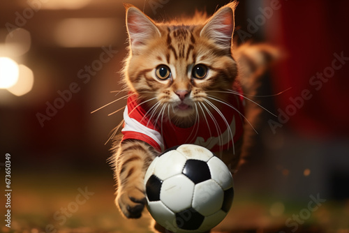 Charming Red Kitten in Stylish Pet Attire, Delightfully Playing with a Soccer Ball © NadinMich