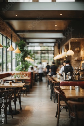Blur coffee shop or cafe restaurant, Blurred restaurant background with some people and chefs and waiters working. Generative Ai.