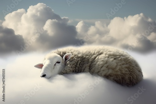 Sheep sleep cloud. Nature art animal cute dream character. Generate Ai photo