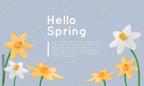 Spring background with 3d narcissus flowers in white and yellow colors. Daffodil render in plastic style. Vector springtime illustration. Floral elegant banner.