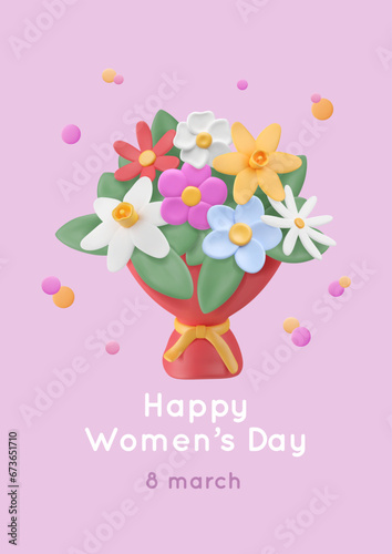 Plasticine flowers bouquet 3D render. Vector illustration in clay material. Happy women's day greeting card on pastel purple background with volumetric dots. Bunch of flowers in red package