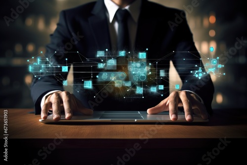 businessman hand working with new modern computer and business strategy as concept. Generative Ai