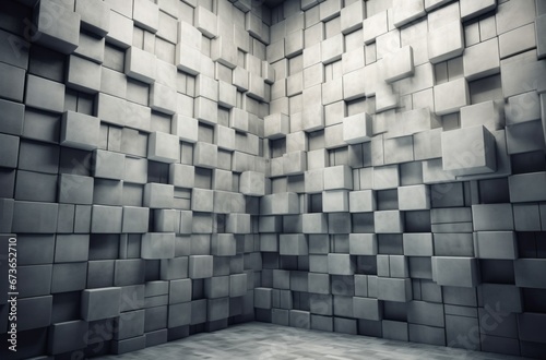 Square blocks room wall. Frontal empty stone indoor design. Generate Ai