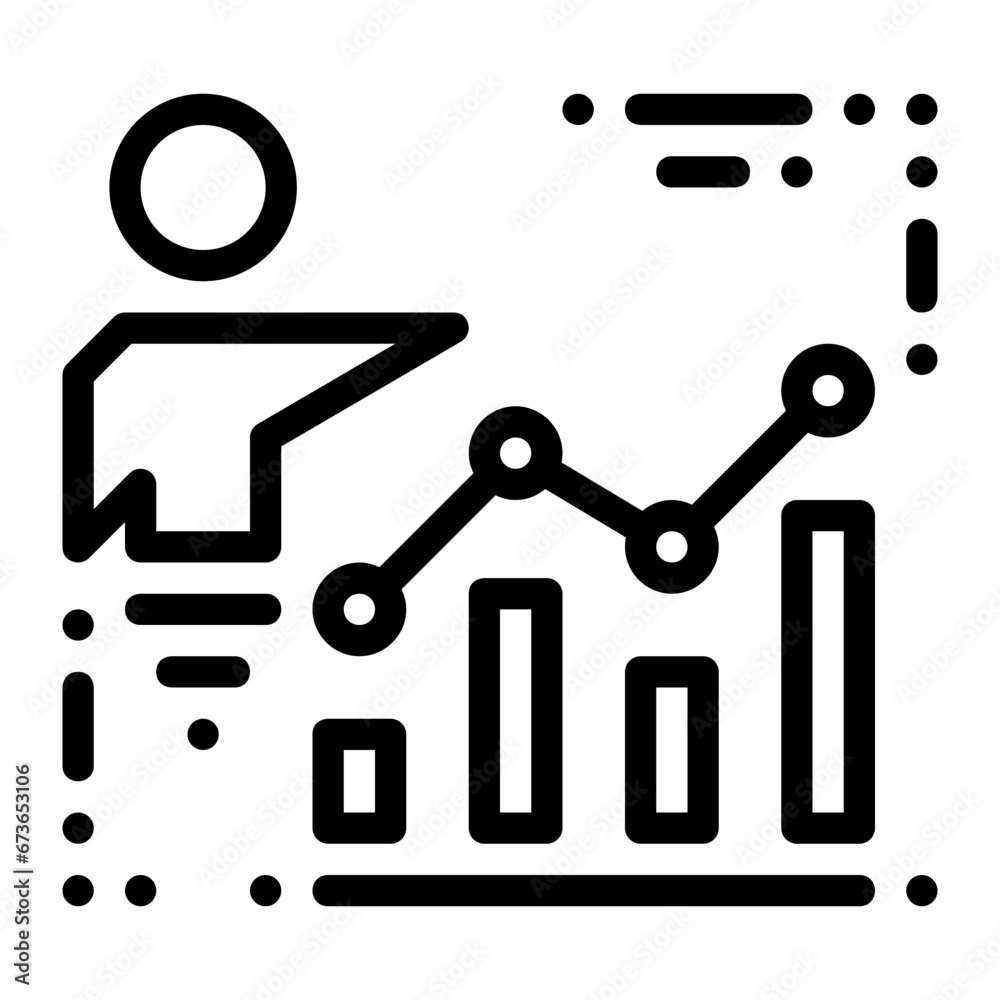 Sales report icon represented by a person pointing at a graph