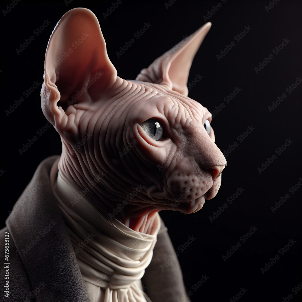 Conceptual image of a Pedegree musician cat Hybid, sphynx Breed, victorian-style clothing, animal character, Hyper-Realistic Illustration