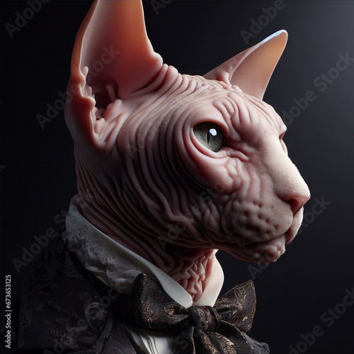 Conceptual image of a Pedegree musician cat Hybid, sphynx Breed, victorian-style clothing, animal character, Hyper-Realistic Illustration photo