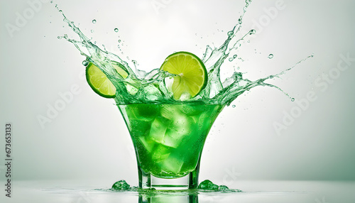 Mint green alcohol cocktail with splash and green lime isolated on white background.