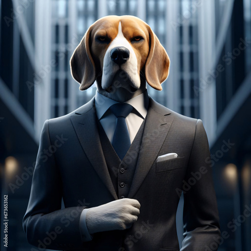 Conceptual image of a Pedegree Businessman Dog Hybid, Beagle Breed, animal character, Hyper-Realistic Illustration photo