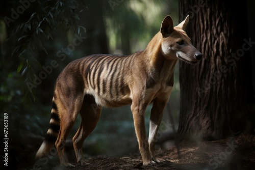 Tasmanian tiger forest. Wild mammal hunter wolf head. Generate Ai photo