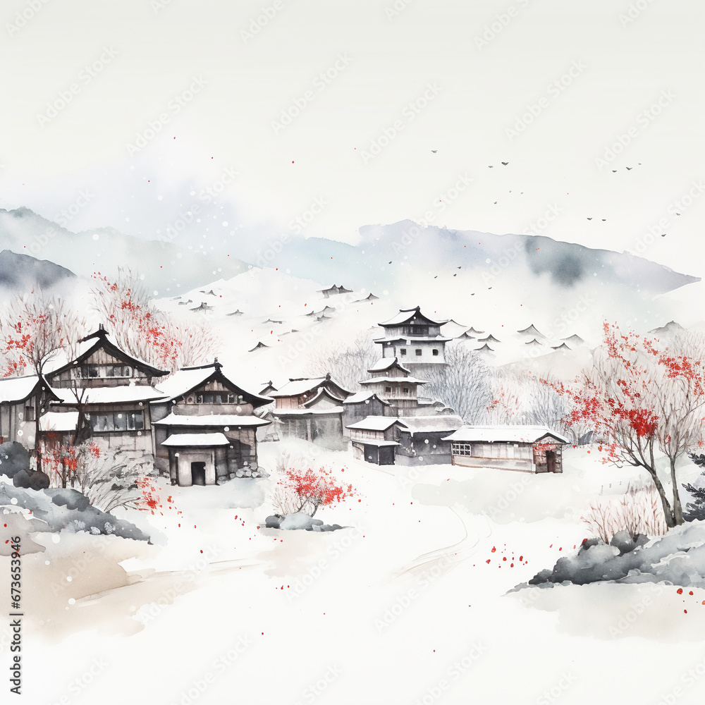Winter Old Town Village Serene Minimalistic Painting Winter Old Town Village Serene Minimalistic Painting