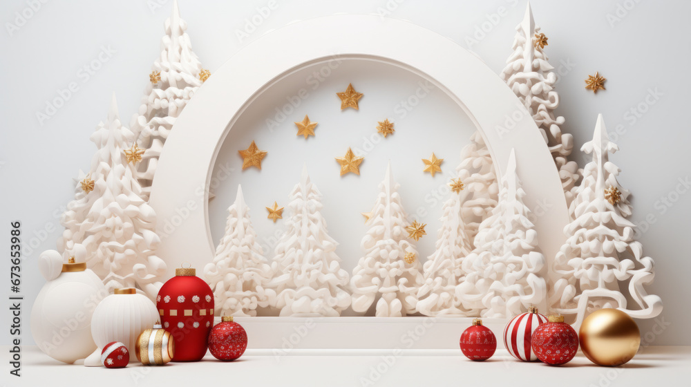 3D Christmas Backdrop with Christmas Trees and Balls