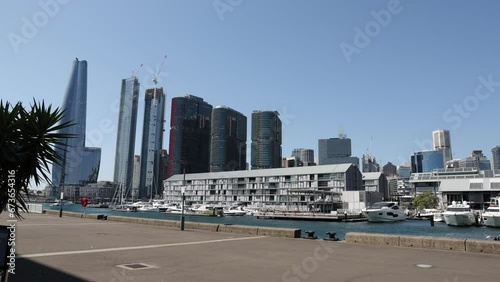 Gliding shot towards the city harbour view at Darling Island wharf, Sydney. photo