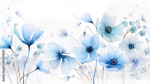 gorgeous Light Blue flowers blowing in the wind white background  like watercolor paint