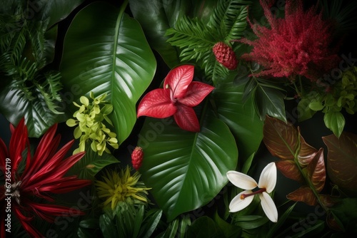 Tropical flowers arrangement party border. Plant artistic blossom palm flower. Generate Ai