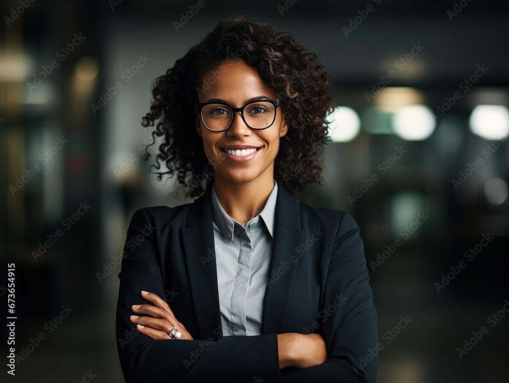 Happy middle aged business afro woman ceo standing in office arms crossed. Smiling mature confident professional executive manager, proud lawyer, businessman leader wearing white suit. Happy middle aged business afro woman ceo standing in office arms crossed. Smiling mature confident professional executive manager, proud lawyer, businessman leader wearing white suit.