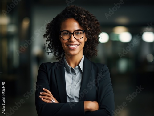 Happy middle aged business afro woman ceo standing in office arms crossed. Smiling mature confident professional executive manager, proud lawyer, businessman leader wearing white suit. 