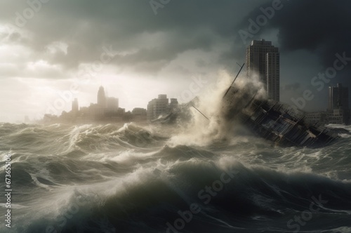 Tsunami sea city waves marine. View dramatic ocean natural climate disaster. Generate Ai