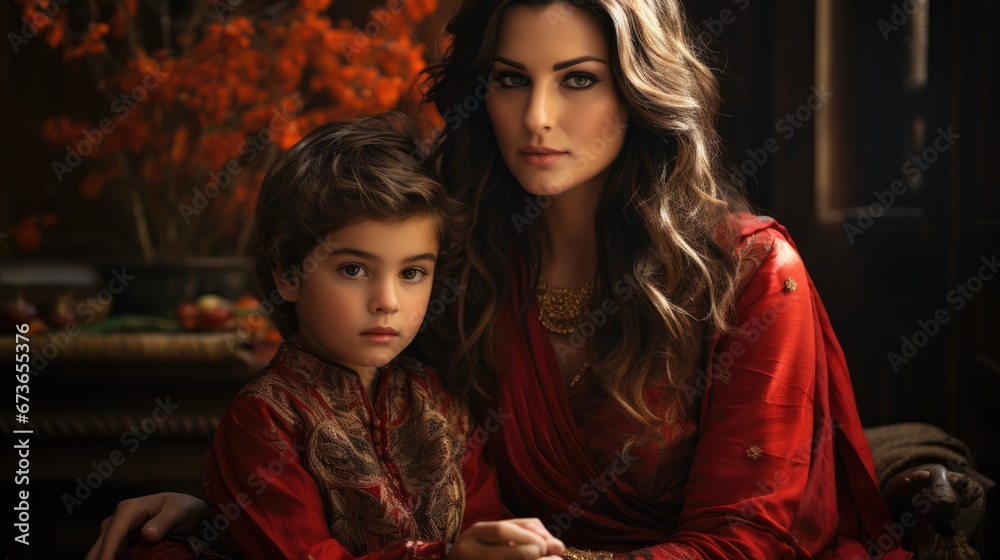 Woman at home in red sari with child Woman at home in red sari with child