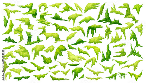 Swamp moss. Cartoon mosses, forest lichen for wood surface jungle vegetation shapes texture trees marsh fungus green plant set isolated lichens game ui neoteric vector illustration