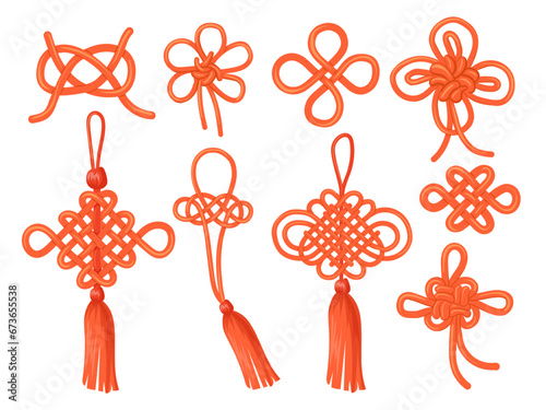Chinese knots. Japanese knot stencil, traditional asian lucky auspicious symbol china endless ornament knotted ribbon, feng shui typical decoration element neat vector illustration