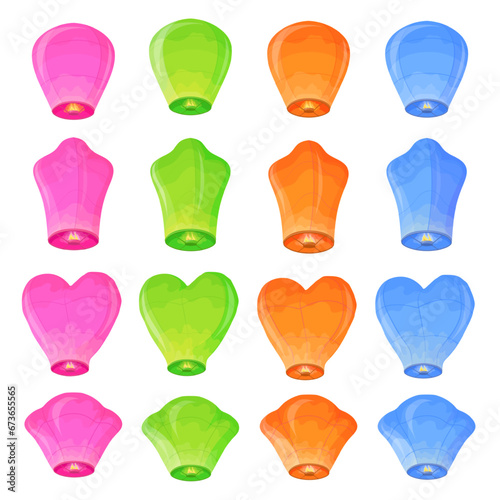 Floating lanterns. Paper glowing lantern with fire lights for wishing ceremony, chinese thailand or diwali autumn festival, flying romantic lamps cartoon neat vector illustration