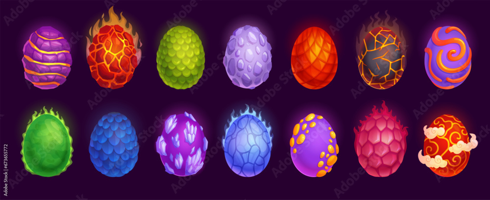 Cartoon dragon eggs. Dragons mother egg, lava stone reptile scale fantastic monster dinosaur fairy shell game ui natural energy crystals collection, ingenious vector illustration
