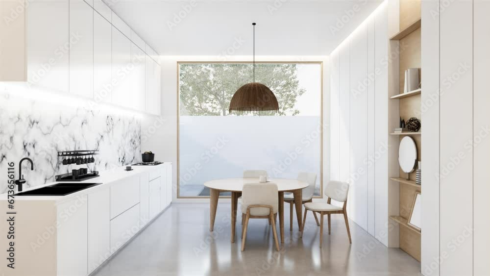 animation Minimal white kitchen and dining table. 3D illustration rendering