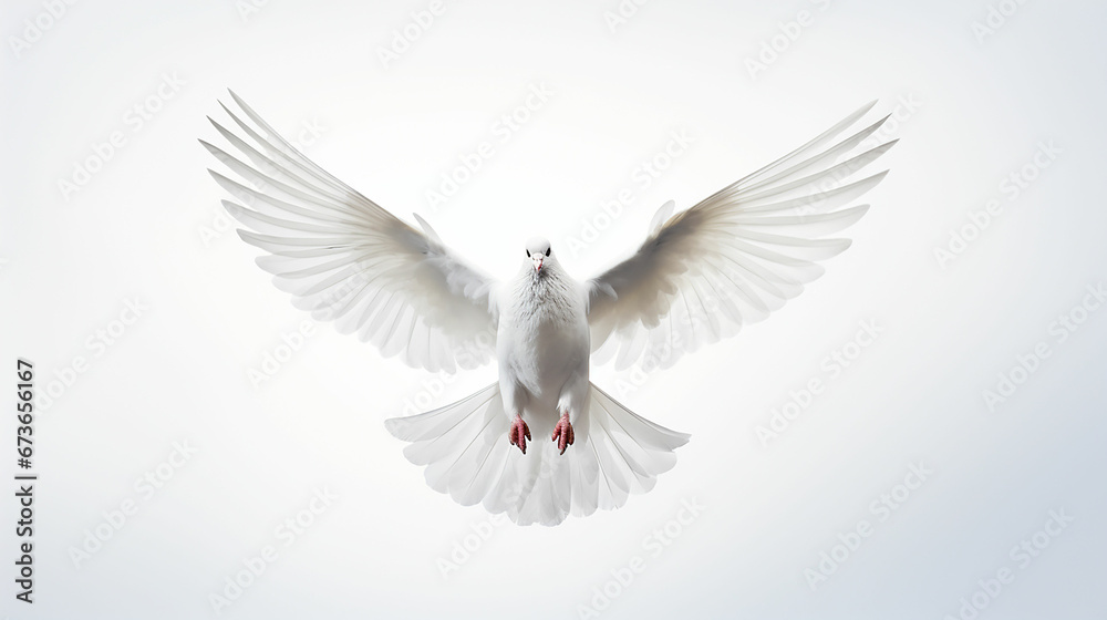 Free flying white pigeon on white background. Made with generative ai Free flying white pigeon on white background. Made with generative ai