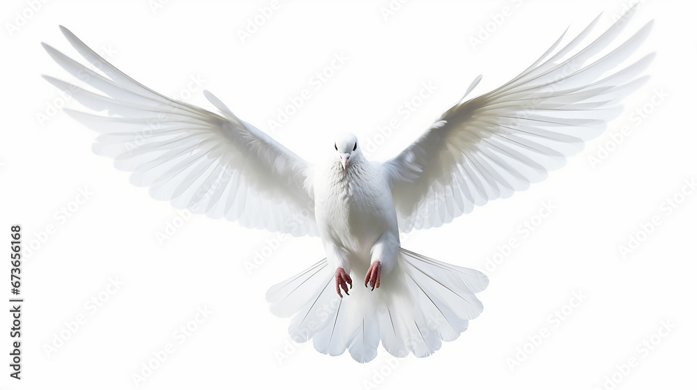 Obraz premium Free flying white pigeon on white background. Made with generative ai