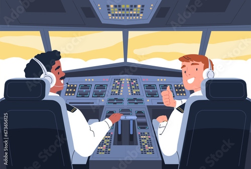 Airplane cockpit. Aviation crew inside aircraft cabin, pilot and plane captain control monitoring flight navigation panel, two aviators on chair in jet photo