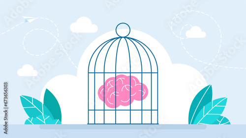 A brain in the cage. Describe confined mind. Human brain trapped in cage. Depression, panic and worry, memory problems, cognitive therapy, mind under control, memory prisoner. Vector illustration