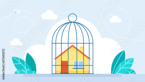 Mortgage payment problem, housing debt in economic crisis concept. Locked house inside the cage. House inside locked bird cage. Real estate concept. Vector illustration