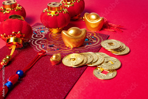 Traditional chinese coins, chinese dragon new year concept, on red background.