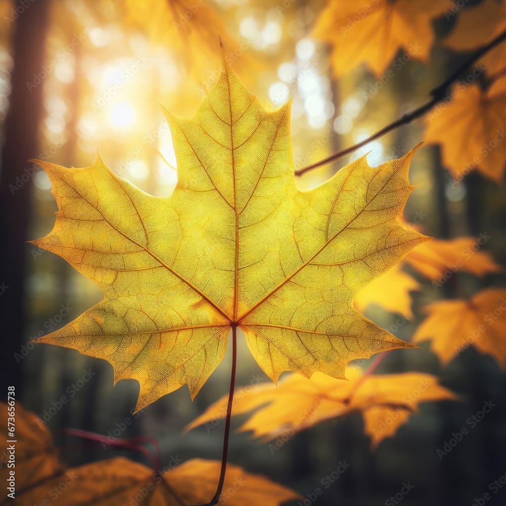 A close-up of a red maple leaf with veins and spots, detaching from a branch with other green and yellow leaves, against a blurred background of a forest in autumn, nature photography