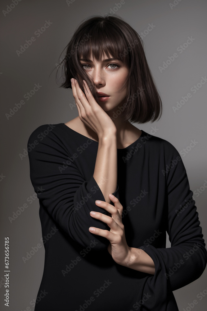 Beautiful woman portrait in black stands on a gray background Beautiful woman portrait in black stands on a gray background