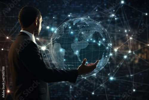 Businessman touching global network and data exchanges over the world 3D rendering Generative Ai