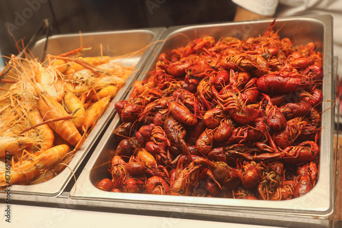 Shrimps And Crayfish on the Asian Night Market Closeup