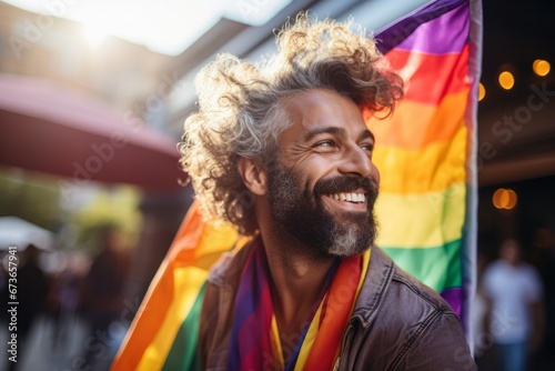 Pride and Joy: A Colourful Celebration of Love and Acceptance. A man holding a rainbow flag and laughing. LGBTQI+ Pride photo