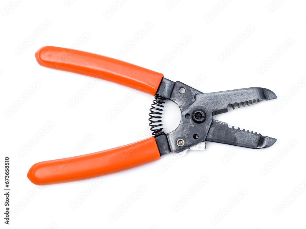 Wire stripping pliers with orange handles isolated on white background. Wire stripping pliers with orange handles isolated on white background.