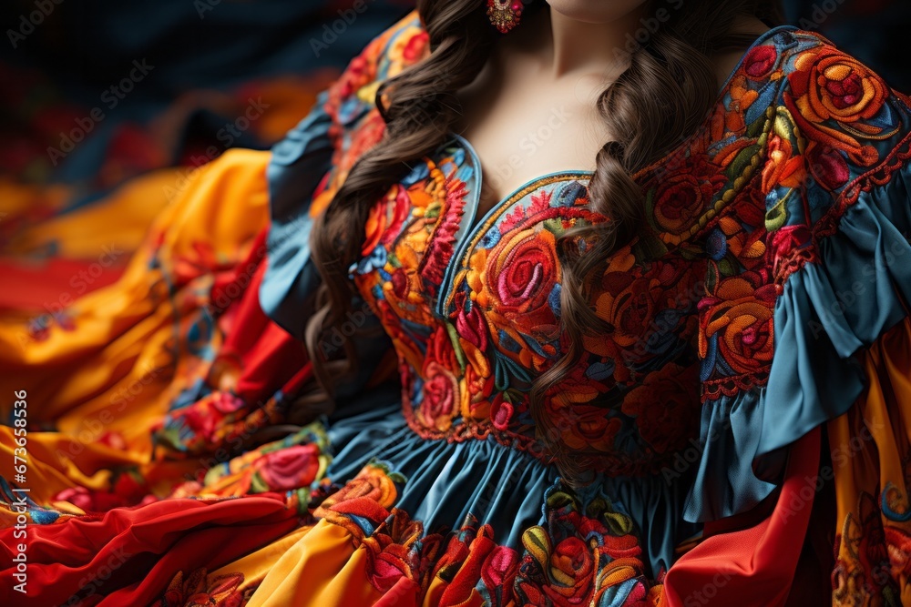 Fototapeta premium Embroidered cultural costume, highlighting its intricate and colorful details, Generative AI