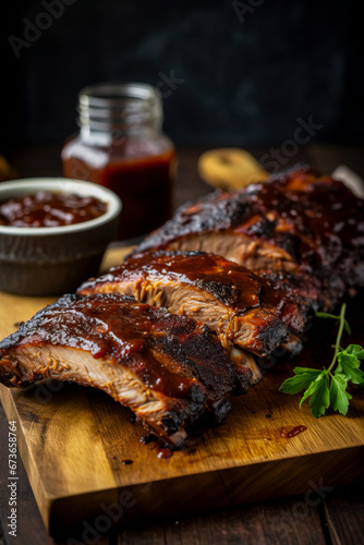 Mouthwatering ribs coated in BBQ sauce, portraying the delicious cuisine and meat dishes available, created with Generative AI technology