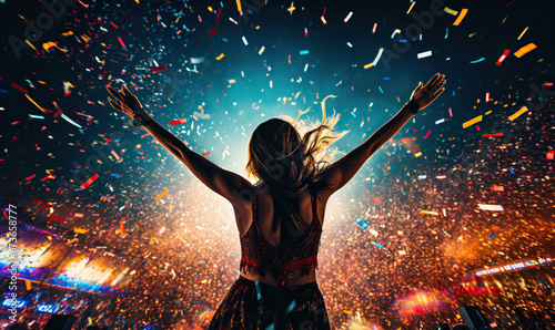 Music open air festival with dancing and cheering audience on fireworks light background. Happy party girl with hands up enjoy and celebrating evening concert. 