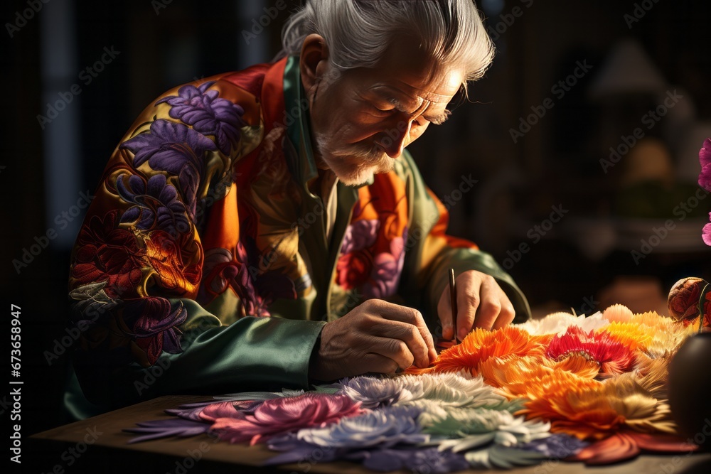  Embroidery master demonstrating the art's intricate techniques, Generative AI