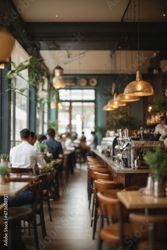 Blur coffee shop or cafe restaurant, Blurred restaurant background with some people and chefs and waiters working. Generative Ai.